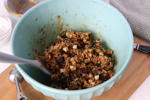 Energy balls are all mixed up and ready to be made into energy balls with peanut butter. 