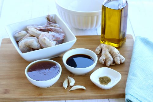 All the raw ingredients needed to make honey garlic shrimp. The first step in how to cook shrimp for an easy shrimp recipe.
