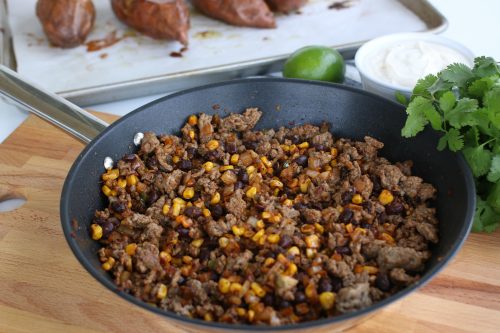 Seasoned ground beef with corn and black beans.