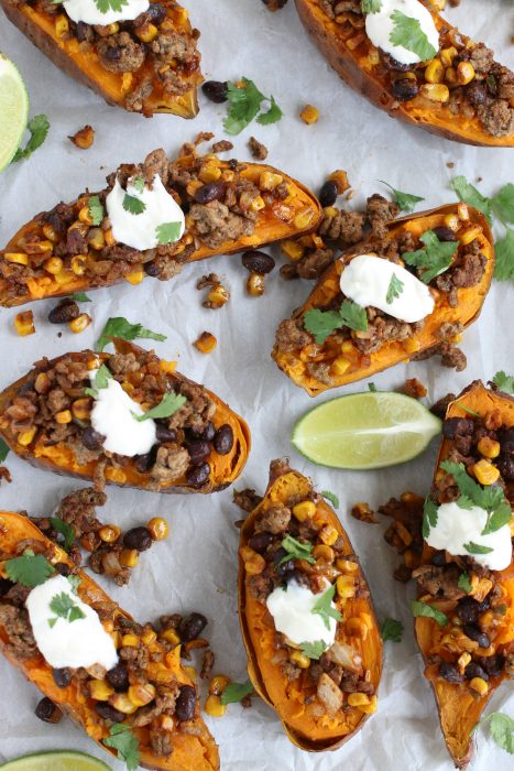 Mexican baked sweet potatoes with sour cream.