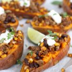 Closeup of easy baked sweet potatoes with mexican ground beef spices.