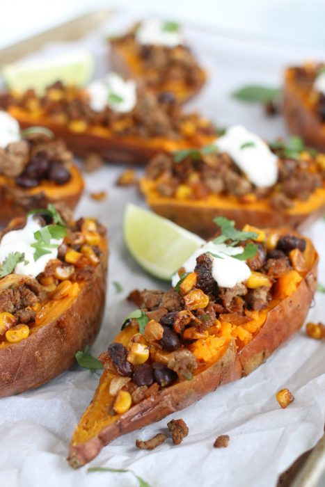 Closeup of easy baked sweet potatoes with mexican ground beef spices.