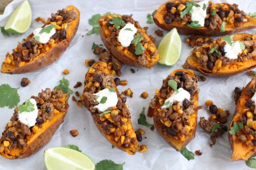 Baked sweet potatoes with ground beef and Mexican spices.